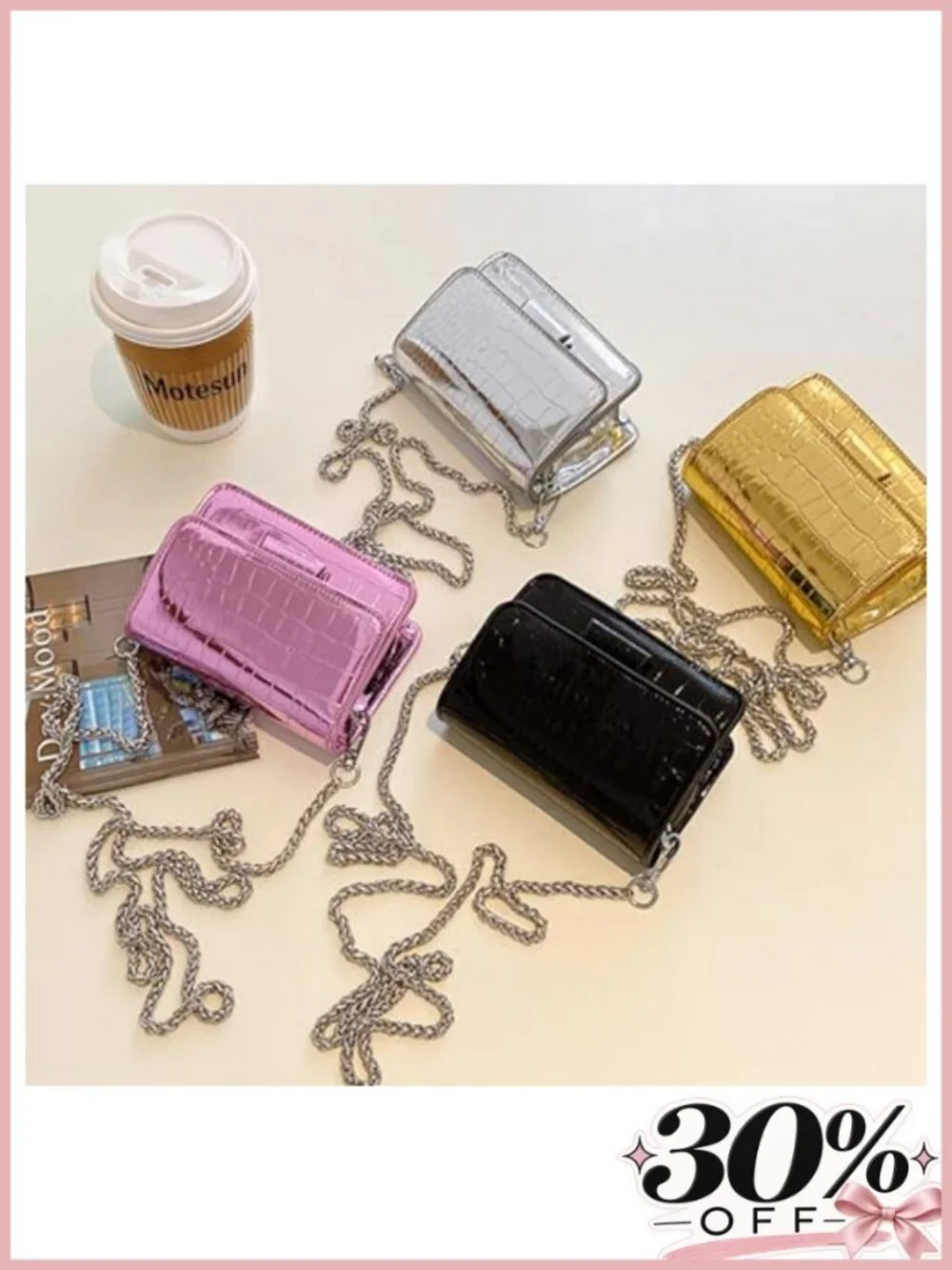 Mini Crossbody Bag Patent Leather Crocodile Purse Detachable Chain Strap